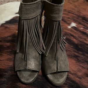 Sugar Taupe Fringed Peep-Toe Booties